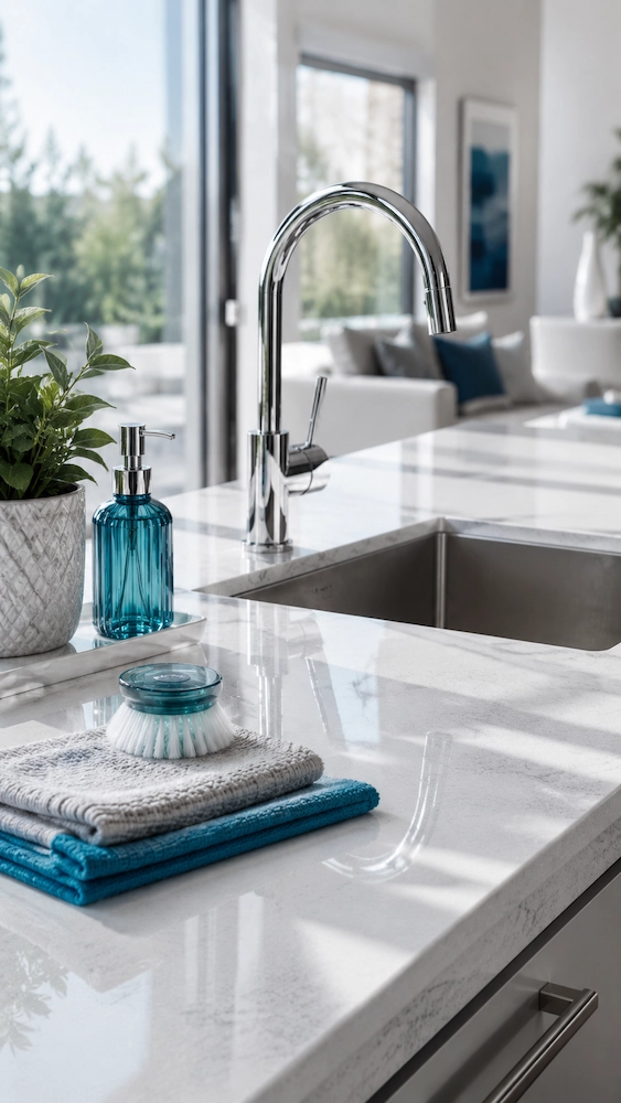 Spotless modern home interior showcasing professionally cleaned surfaces, sparkling fixtures, and attention to detail